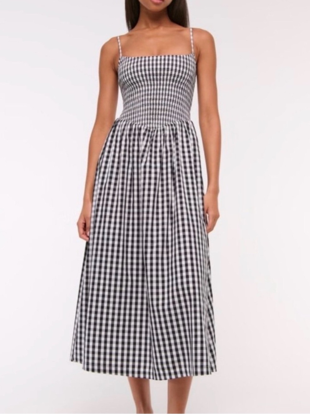 Abercrombie & Fitch Dipped-Waist
Smocked Midi Dress Black White Gingham LT